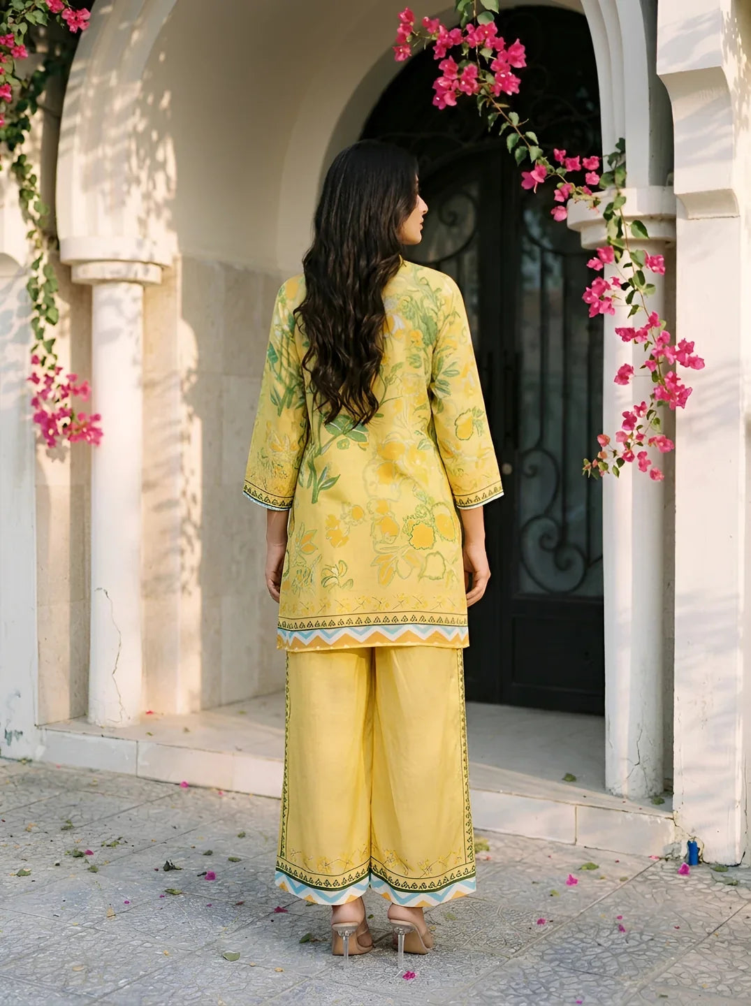 Lemon Yellow & Green Bold Floral Printed Sequin Detailed Co-Ord Set in Viscose Muslin