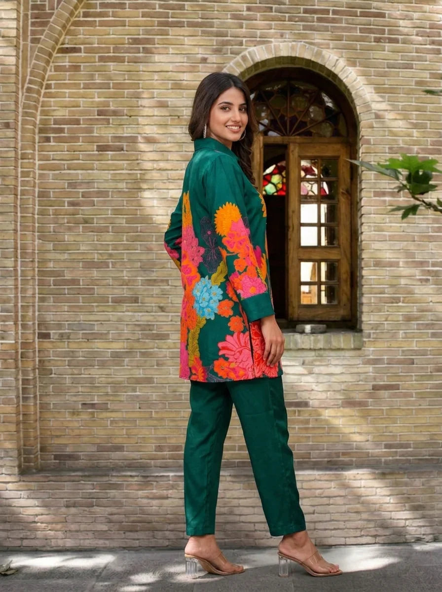 Green Floral  Crepe Abstract Mirror Work Co-Ord Set